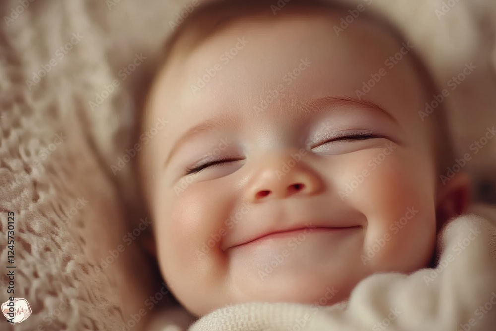 Happy baby smiles in cozy surroundings, capturing pure joy and innocence on a soft blanket during a peaceful moment at home Happy baby smiles in cozy surroundings, capturing pure joy and innocence on a soft blanket during a peaceful moment at home