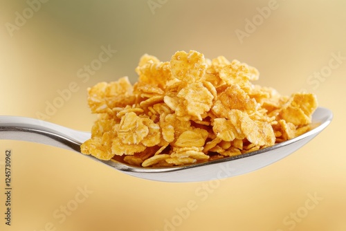 Crunchy cereal on a spoon ready for breakfast with a warm, inviting background