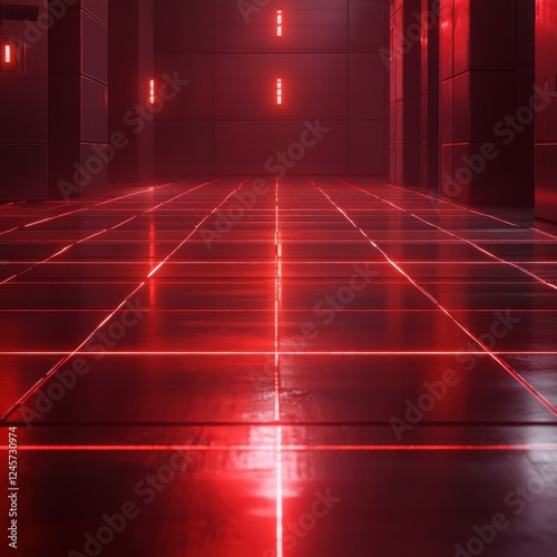 Red room with ceiling light and cyberpunk-style laser grid reflections on the floor and walls photo