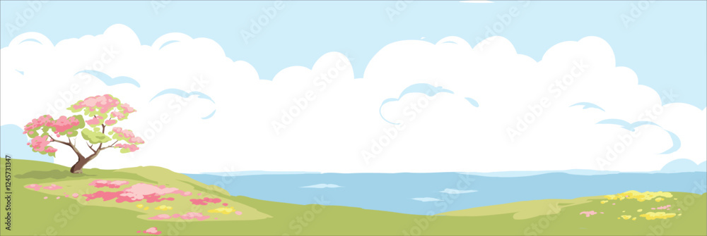 Spring seascape with flower meadow and apple tree. Hand drawn vector illustration in watercolor style. Spring seascape with flower meadow and apple tree. Hand drawn vector illustration in watercolor style.