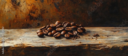 Richly roasted coffee beans on a weathered wooden surface, deep brown tones contrasting with rustic textures, capturing natural warmth and craftsmanship.