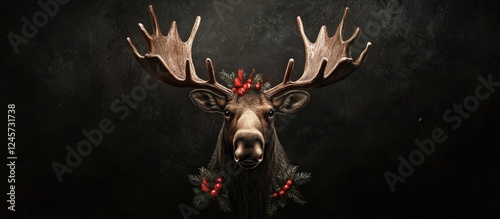 Whimsical festive moose themed as Rudolph with prominent antlers and red berries stands out against a dark textured background for holiday cheer photo