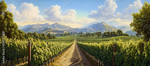 Vast vineyard landscape showcases neatly arranged green grapevines under bright blue skies with fluffy clouds and distant mountains in soft hues.