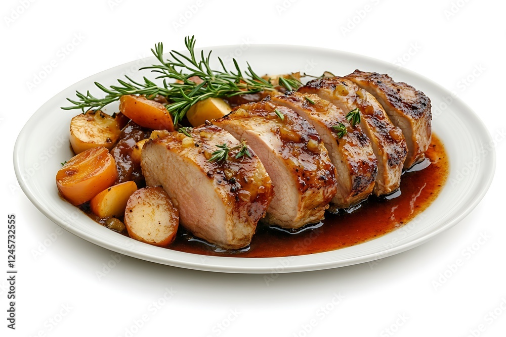 3D Render of a Plate of Roasted Pork Tenderloin with Apple Chutney, Isolated on White Background 3D Render of a Plate of Roasted Pork Tenderloin with Apple Chutney, Isolated on White Background
