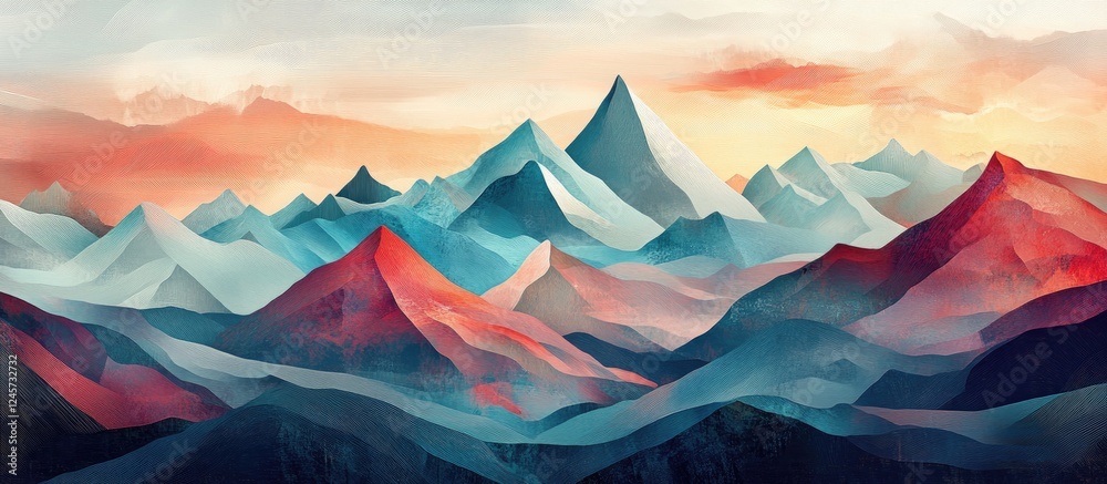 Vibrant abstract landscape featuring layered mountains in blues, reds, and soft pastels with a dramatic sunset sky blending warm hues in the background. Vibrant abstract landscape featuring layered mountains in blues, reds, and soft pastels with a dramatic sunset sky blending warm hues in the background.