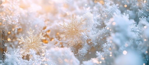 Festive background with golden and white snowflakes against a soft blurred backdrop showcasing the elegance of winter and Christmas celebrations.