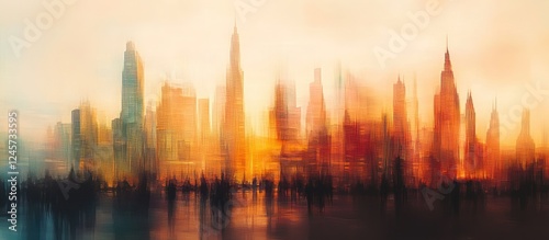 Abstract city skyline at sunset with warm orange, soft yellows, and cool blues dominating the blurred background, creating a dreamy atmosphere.