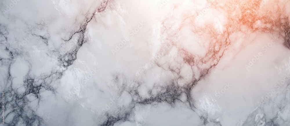 Fototapeta premium Marble texture background with soft white and gray tones, subtle veining, and warm light accents in the top right corner creating a serene ambiance.