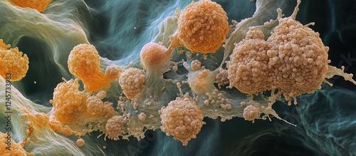 Cell culture visualization with orange and beige cell clusters against a teal background showing inhibited growth areas under dehydration stress.