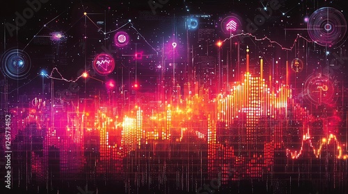 Cityscape data visualization, financial market trends, night, technology