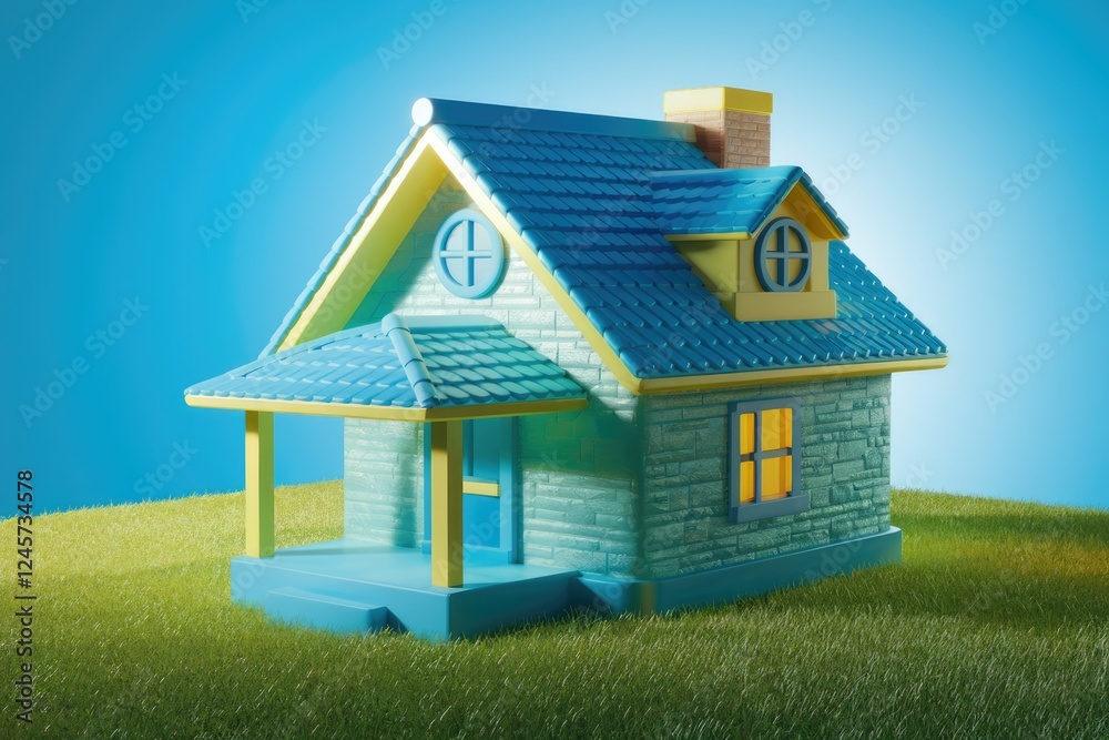 A charming blue cartoon house sits on a grassy lawn, exuding warmth and inviting comfort. A charming blue cartoon house sits on a grassy lawn, exuding warmth and inviting comfort.