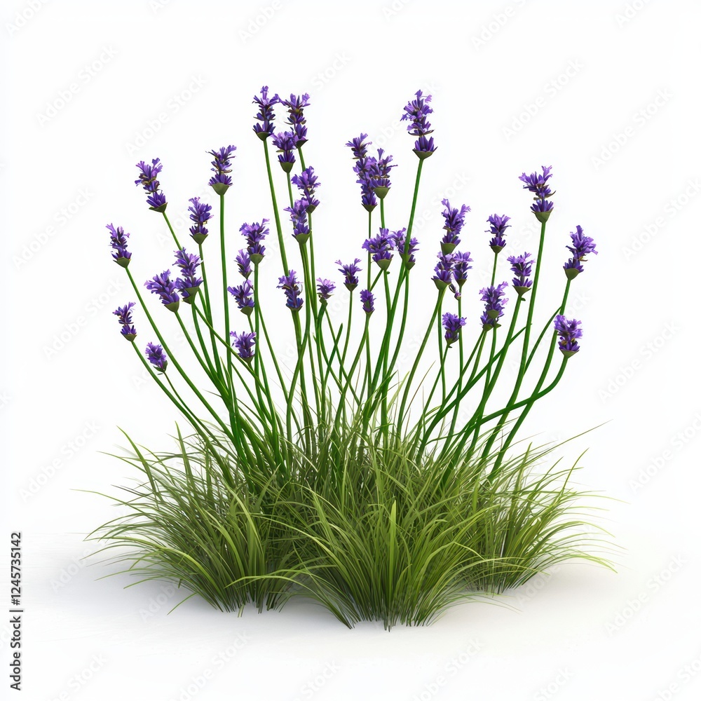 Fototapeta premium Delicate lavender plant with soft purple flowers and slender green stems, isolated on white background