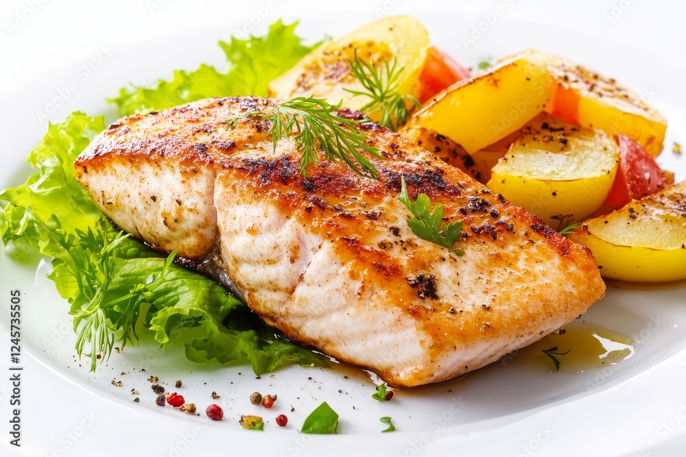 Grilled salmon, potatoes, salad, restaurant, healthy meal Grilled salmon, potatoes, salad, restaurant, healthy meal