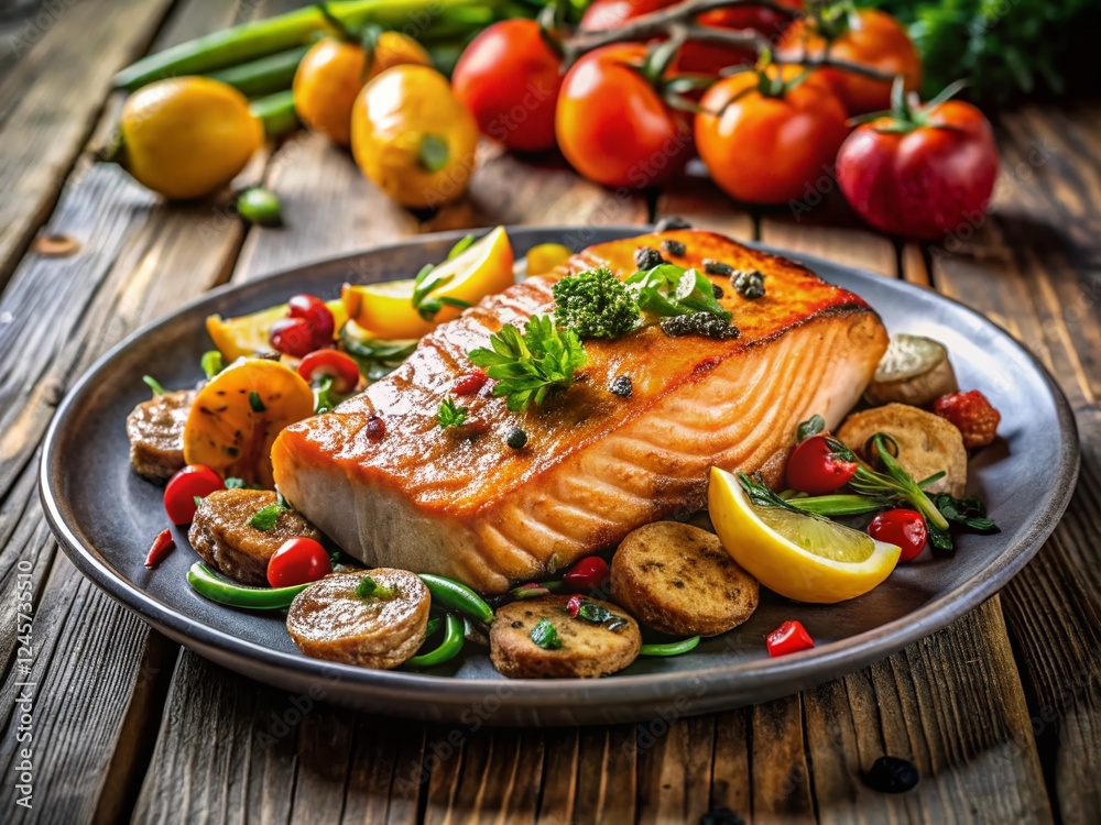 Grilled Salmon with Roasted Vegetables on Rustic Wooden Table - Healthy Dinner Grilled Salmon with Roasted Vegetables on Rustic Wooden Table - Healthy Dinner