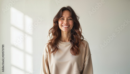 Smiling young woman in casual beige sweater, bright indoor setting, positive energy