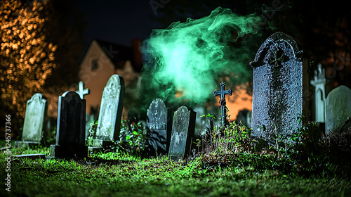 A cemetery at night with a green smoke cloud over the headstones. generated using AI photo