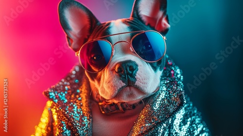 A creative animal concept showcasing a Bull Terrier puppy in a neon glitter disco outfit, sparkling with sequins. Ideal for commercial or editorial advertisements, party invitations, or event invites