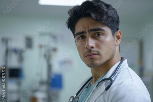 A man in a white coat stands confidently in a hospital setting, conveying authority and expertise. photo