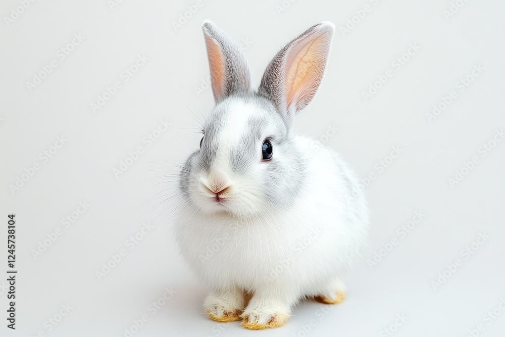 Fluffy White Rabbit with Gray Markings Soft Focus Isolated on White Background