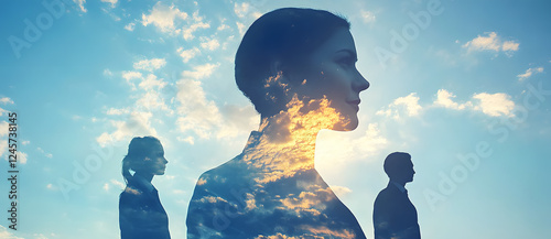 Business Team looking on the side Overlaid on a Blue Sky with Clouds for an Inspirational Effect