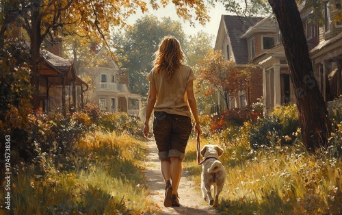 Woman Walking Dog in Residential Neighborhood Arkansans Lifestyle Sunny Day photo