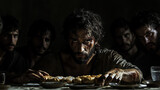 The Last Supper with Judas’ betrayal: Jesus sits at the table, solemnly breaking bread and sharing wine with His disciples. Judas, in the background, is filled with guilt as betrayal looms
