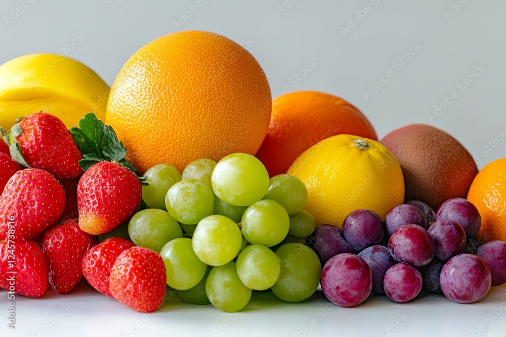 Colorful fresh fruit arrangement, studio shot, white background, healthy eating, recipe Colorful fresh fruit arrangement, studio shot, white background, healthy eating, recipe