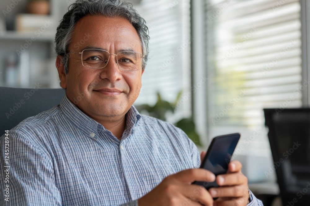 Image of a man sitting in an office, focused on his cell phone while dressed in casual attire. Image of a man sitting in an office, focused on his cell phone while dressed in casual attire.