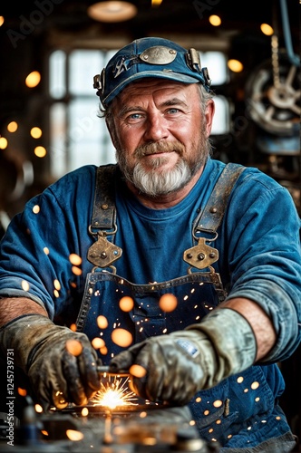 Middle-aged mechanic man wearing in jeans overalls works at a turning lathe. Metalwork, fitter and engineering concept. Lifestyle portrait for poster, presentation, design