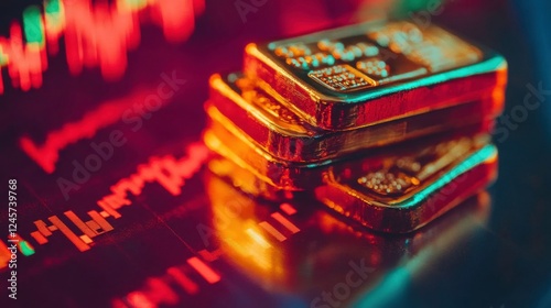 Golden Bars on Blurred Stock Market Background with Red Graphs photo