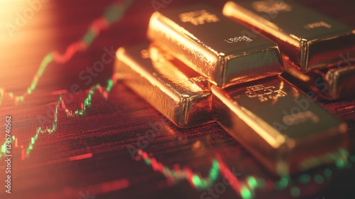 Gold Bars with Financial Graphs Showing Market Trends and Data