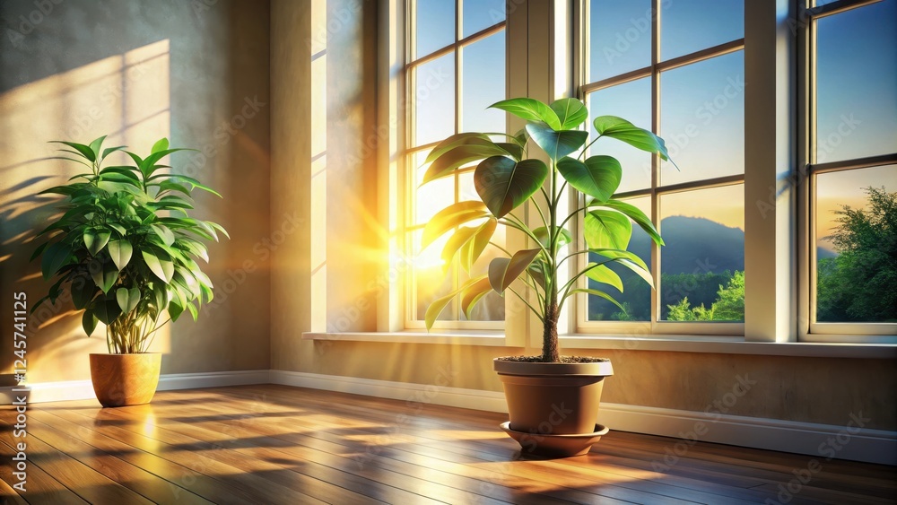 Fototapeta premium Golden Hour Sunlight Illuminates Lush Indoor Plants on Hardwood Floor by Window with a Scenic View