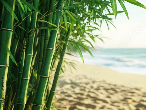 This image showcases a tranquil scene of a bamboo forest by the beach, where the light filters through the bamboo stalks casting dappled shadows on the sand. The composition captures the natural