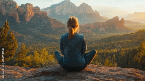 Back view of a woman meditating on a mountain while enjoying a stunning sunrise view