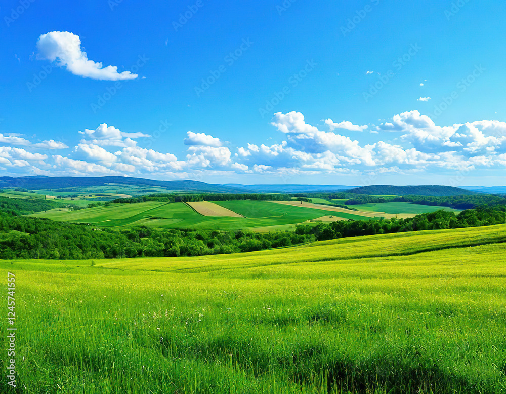 Fototapeta premium green grass, fields and hills to the horizon. bright blue sky. sunny day. summer landscape background.