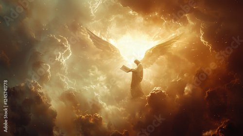 A heavenly vision of an angel descending amid radiant light and ethereal clouds to deliver God’s message. The angel extends a scroll to a kneeling prophet, who gazes in awe at the divine revelation.