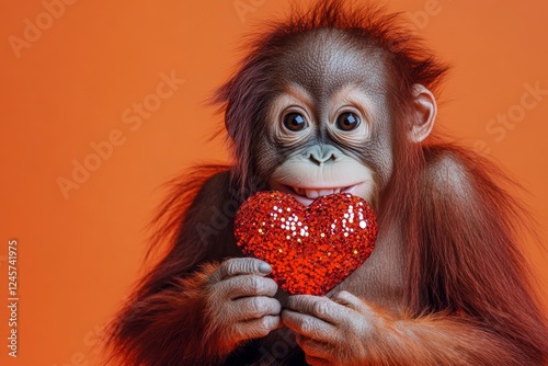 Orangutan - my desired animal. Marketing visual idea. Cute orangutan baby with sparkling rhinestones red heart - sign of love, funny greeting card. Commercial conceptual art. Love concept. photo