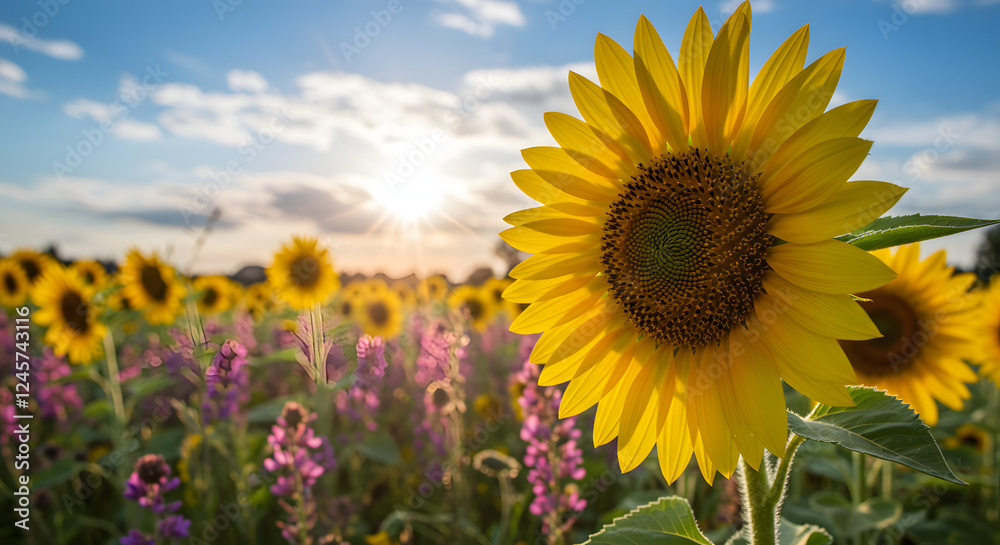 Sunflower field under sunshine: A vibrant field of sunflowers basks in the golden light of a bright summer day, creating a cheerful and captivating display of nature's beauty. Sunflower field under sunshine: A vibrant field of sunflowers basks in the golden light of a bright summer day, creating a cheerful and captivating display of nature's beauty.