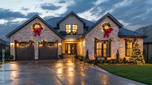 Beautiful Holiday-Decorated Home with Lights and Ornaments at Dusk