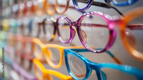 A young woman selecting eyeglasses in an optical store, trying on frames while shopping for the perfect pair of eyewear photo