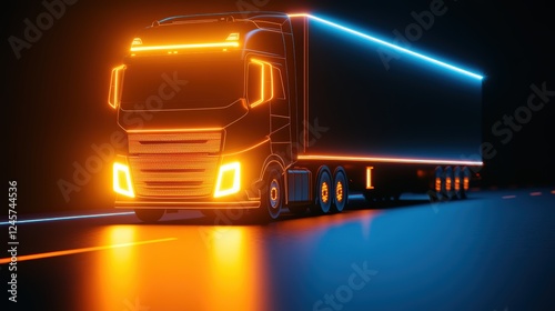 Neon-lit semi-truck on highway at night. photo