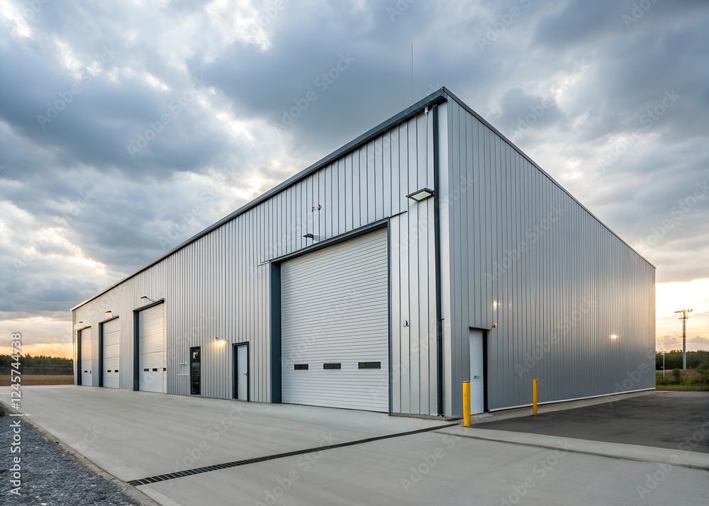 Industrial Minimalism A contemporary warehouse with a sleek, corrugated metal facade and a single, large garage door. Industrial Minimalism A contemporary warehouse with a sleek, corrugated metal facade and a single, large garage door.