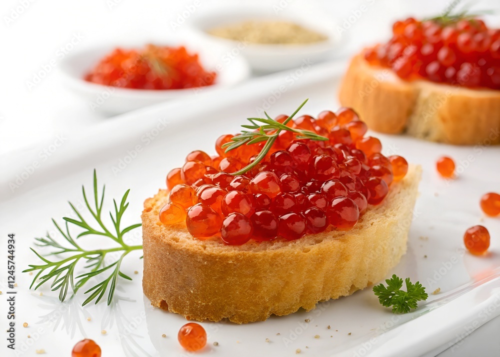 Red caviar on a crispy bread slice, isolated on white background. Red caviar on a crispy bread slice, isolated on white background.