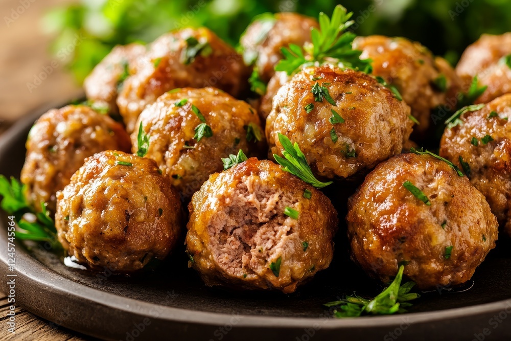 Juicy meatballs, parsley garnish, wooden table, close-up food photography, recipe illustration Juicy meatballs, parsley garnish, wooden table, close-up food photography, recipe illustration
