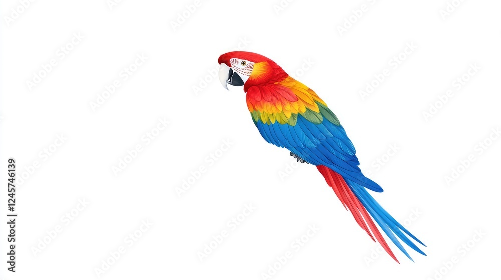 Fototapeta premium Vibrant scarlet macaw perched gracefully, showcasing its colorful feathers against a white backdrop
