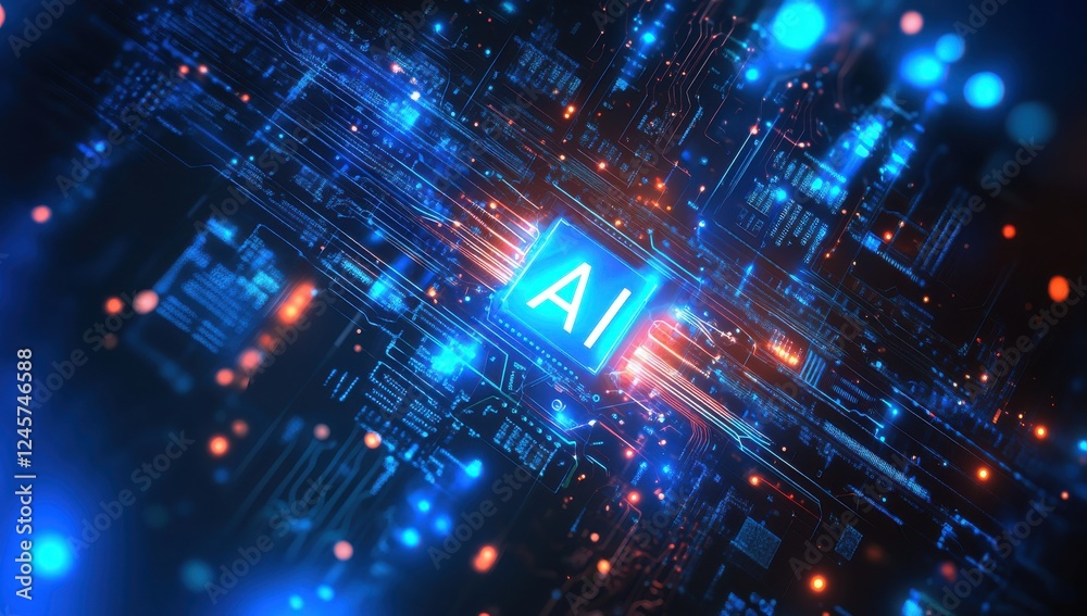 Fototapeta premium Futuristic Digital Background with Glowing AI Symbol and Abstract Circuit Board Design for Technology, Innovation, and Artificial Intelligence Themes