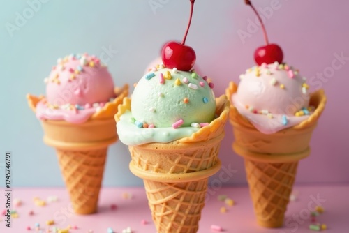 Pastel scoops in waffle cones, sprinkles, cherries , minimalist, ice cream photo