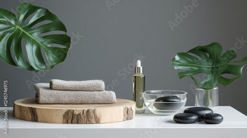Spa essentials with a burning aromatic candle, natural oils, sea salt, and eucalyptus leaves in a relaxing wellness and tranquility setting
