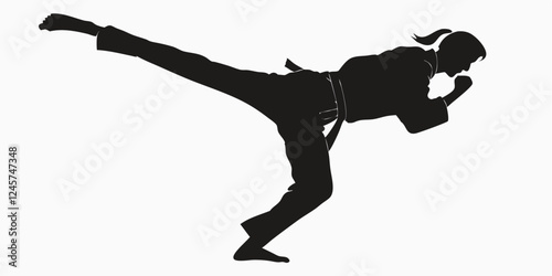 Silhouette of a Woman Practicing Martial Arts: Karate Kick, Self-Defense, Fighting Stance, Black Belt, Sport, Fitness, Training, Action