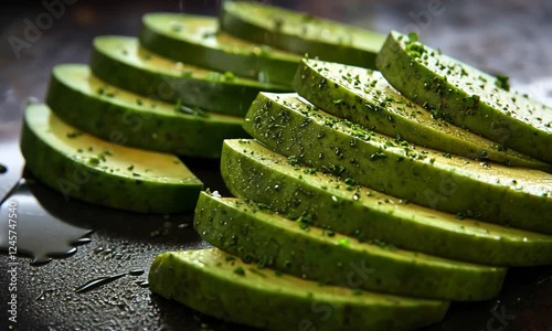 Freshly sliced green zucchini garnished with herbs on a table
